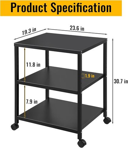 3-Tier Under Desk Printer Stand, 30-Inch Deep Large Printer Table with Height-Adjustable Shelf & 4 Lockable Wheels, Space-Saving Organizer for Home & Office in Saudi Arabia