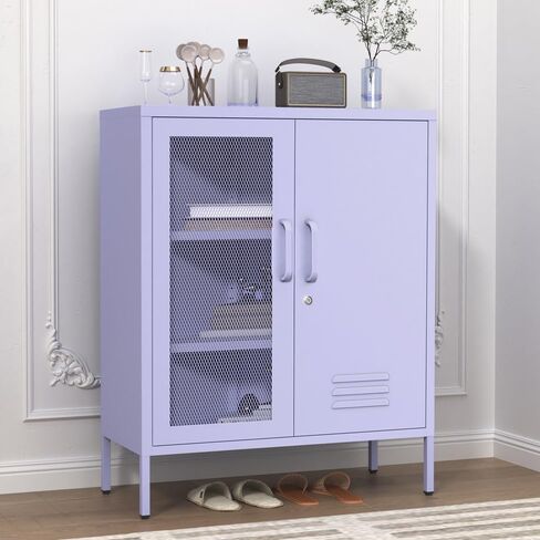 Metal Storage Cabinet with Mesh Doors 33"H Steel Locker Cabinet with 2 Tier Adjustable Shelves Purple Lockable Metal Locker Cabinets Sideboard for Home Office Entryway Size：33" H X 29.5" W X 13.8" D in Saudi Arabia