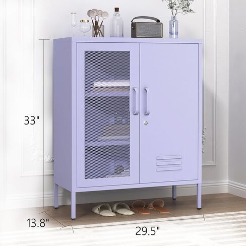 Metal Storage Cabinet with Mesh Doors 33"H Steel Locker Cabinet with 2 Tier Adjustable Shelves Purple Lockable Metal Locker Cabinets Sideboard for Home Office Entryway Size：33" H X 29.5" W X 13.8" D in Saudi Arabia