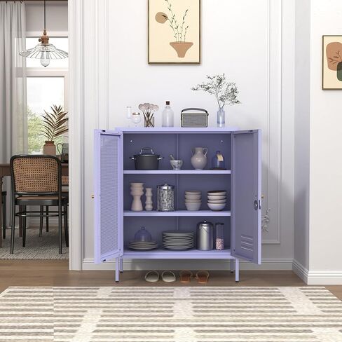 Metal Storage Cabinet with Mesh Doors 33"H Steel Locker Cabinet with 2 Tier Adjustable Shelves Purple Lockable Metal Locker Cabinets Sideboard for Home Office Entryway Size：33" H X 29.5" W X 13.8" D in Saudi Arabia