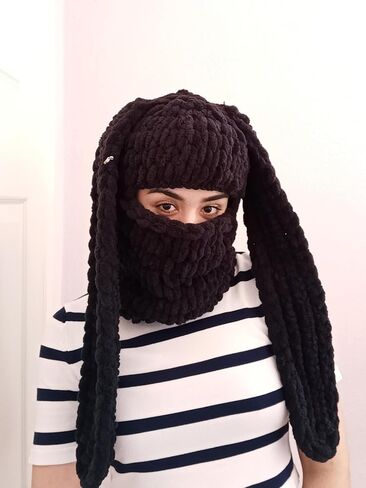قناع بالاكلافا على شكل أذن الأرنب - قناع وجه شتوي قطبي ناعم، غطاء أرنب لطيف، قناع دافئ لكامل الوجه للطقس البارد باللون الأسود in Saudi Arabia