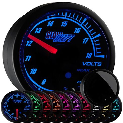 مقياس الفولتميتر GlowShift Elite 10 ألوان - نطاق الجهد 8-18 فولت - قرص أسود - عدسة ملونة - وظيفة استدعاء الذروة - 2-1/16 بوصة 52 مم in Saudi Arabia