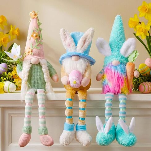 unanscre عيد الفصح التماثيل القطيفة - 3 قطع طويلة تتدلى الساق الأرنب التماثيل اليدوية عقد البيض زنبق زهرة الجزرة، أرنب قزم الدمى لعيد الفصح زخرفة الجدول المنزل، ديكور صينية المتدرج in Kuwait