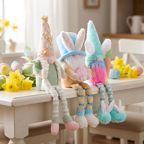 unanscre عيد الفصح التماثيل القطيفة - 3 قطع طويلة تتدلى الساق الأرنب التماثيل اليدوية عقد البيض زنبق زهرة الجزرة، أرنب قزم الدمى لعيد الفصح زخرفة الجدول المنزل، ديكور صينية المتدرج in Kuwait