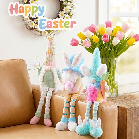 unanscre عيد الفصح التماثيل القطيفة - 3 قطع طويلة تتدلى الساق الأرنب التماثيل اليدوية عقد البيض زنبق زهرة الجزرة، أرنب قزم الدمى لعيد الفصح زخرفة الجدول المنزل، ديكور صينية المتدرج in Kuwait