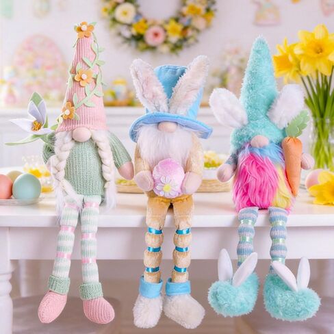 unanscre عيد الفصح التماثيل القطيفة - 3 قطع طويلة تتدلى الساق الأرنب التماثيل اليدوية عقد البيض زنبق زهرة الجزرة، أرنب قزم الدمى لعيد الفصح زخرفة الجدول المنزل، ديكور صينية المتدرج in Kuwait