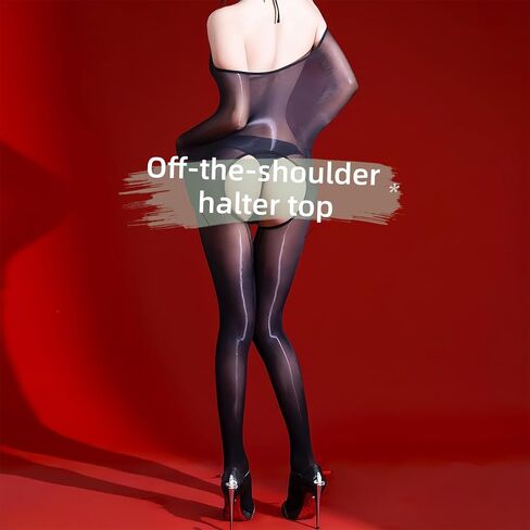 النساء النفط لامعة Bodystockings 5D شير ارتداءها كامل طقم داخلي للجسم مثير الرقبة معلقة الملابس الداخلية Catsuit النايلون الجوارب in Kuwait