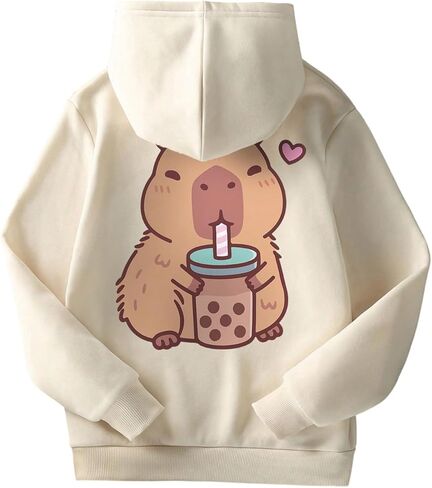 سويت شيرت بناتي لطيف برسوم كارتونية مزود بغطاء للرأس وأكمام طويلة، بلوفر بقلنسوة، ملابس خريفية in Kuwait
