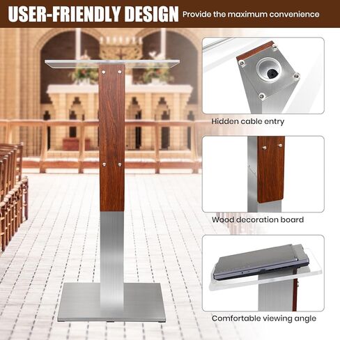 حامل منصة من الفولاذ المقاوم للصدأ مع سطح قراءة أكريليك ومدخل كابل مخفي، حامل منصة احترافي حديث مع زخرفة خشبية للكنيسة، حامل منصة للكنيسة والمؤتمرات والخطاب والزفاف in Kuwait