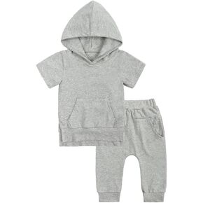 طقم ملابس للأولاد والبنات مع هوديس بأكمام قصيرة + بنطلون رياضي للأطفال الصغار من القطن بدلة رياضية بغطاء للرأس للأطفال الصغار in Kuwait