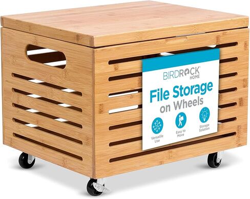 BirdRock Home Rolling File Storage Organizer Box with Lid (NEW VERSION) - Bamboo - Decorative Wood Hanging Filing & Storage Office Box - Letter/Legal - Strong Durable - Toys Blankets Binders - Natural in Kuwait