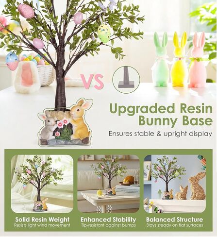 MISF 26In شجرة بيض عيد الفصح مضاءة مسبقًا مع أضواء، 24 بطارية LED تعمل بديكور شجرة عيد الفصح مع مؤقت، شجرة اصطناعية مع أزهار الكرز، بيض ملون وقاعدة أرنب من الراتنج لديكور الربيع على الطاولة in Kuwait