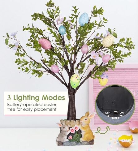 MISF 26In شجرة بيض عيد الفصح مضاءة مسبقًا مع أضواء، 24 بطارية LED تعمل بديكور شجرة عيد الفصح مع مؤقت، شجرة اصطناعية مع أزهار الكرز، بيض ملون وقاعدة أرنب من الراتنج لديكور الربيع على الطاولة in Kuwait