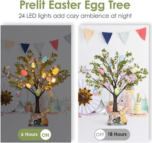 MISF 26In شجرة بيض عيد الفصح مضاءة مسبقًا مع أضواء، 24 بطارية LED تعمل بديكور شجرة عيد الفصح مع مؤقت، شجرة اصطناعية مع أزهار الكرز، بيض ملون وقاعدة أرنب من الراتنج لديكور الربيع على الطاولة in Kuwait