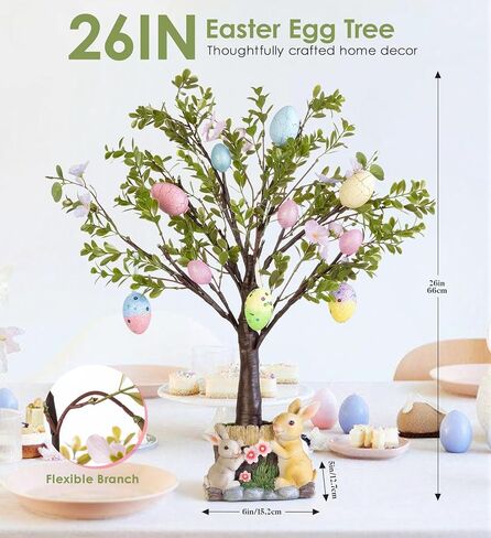 MISF 26In شجرة بيض عيد الفصح مضاءة مسبقًا مع أضواء، 24 بطارية LED تعمل بديكور شجرة عيد الفصح مع مؤقت، شجرة اصطناعية مع أزهار الكرز، بيض ملون وقاعدة أرنب من الراتنج لديكور الربيع على الطاولة in Kuwait
