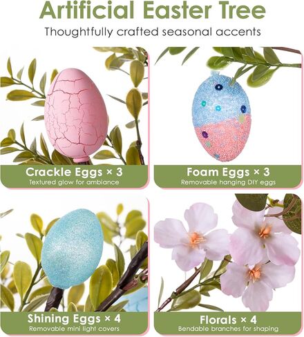 MISF 26In شجرة بيض عيد الفصح مضاءة مسبقًا مع أضواء، 24 بطارية LED تعمل بديكور شجرة عيد الفصح مع مؤقت، شجرة اصطناعية مع أزهار الكرز، بيض ملون وقاعدة أرنب من الراتنج لديكور الربيع على الطاولة in Kuwait