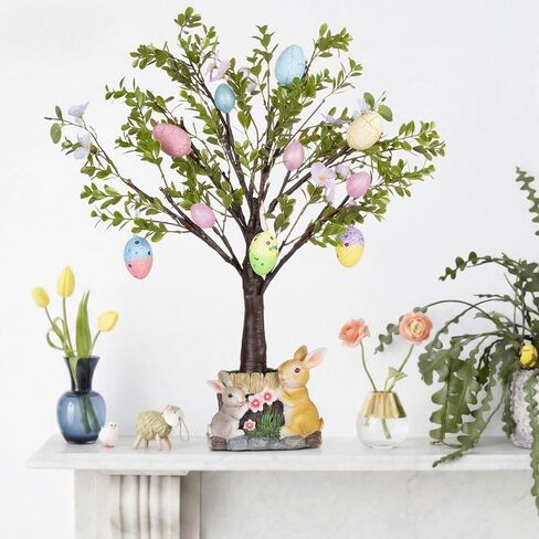 MISF 26In شجرة بيض عيد الفصح مضاءة مسبقًا مع أضواء، 24 بطارية LED تعمل بديكور شجرة عيد الفصح مع مؤقت، شجرة اصطناعية مع أزهار الكرز، بيض ملون وقاعدة أرنب من الراتنج لديكور الربيع على الطاولة in Kuwait