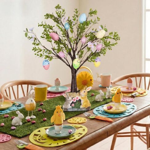 MISF 26In شجرة بيض عيد الفصح مضاءة مسبقًا مع أضواء، 24 بطارية LED تعمل بديكور شجرة عيد الفصح مع مؤقت، شجرة اصطناعية مع أزهار الكرز، بيض ملون وقاعدة أرنب من الراتنج لديكور الربيع على الطاولة in Kuwait