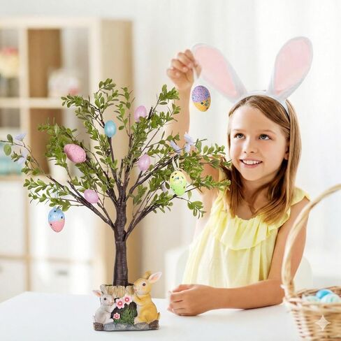 MISF 26In شجرة بيض عيد الفصح مضاءة مسبقًا مع أضواء، 24 بطارية LED تعمل بديكور شجرة عيد الفصح مع مؤقت، شجرة اصطناعية مع أزهار الكرز، بيض ملون وقاعدة أرنب من الراتنج لديكور الربيع على الطاولة in Kuwait
