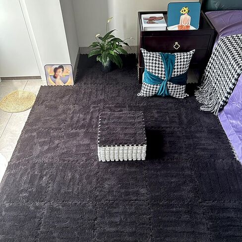 Area Rugs,Fluffy Area Rugs, 60 Pieces Jigsaw Fluffy Plush Puzzle Foam Floor Mat,0.23 and 0.39 Inch Thick,12 Inch(Black,0.39 inch) in Saudi Arabia