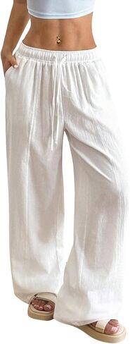 بنطلون نسائي خفيف الوزن برباط للخصر من Palazzo يغطي ملابس الشارع، بنطال كاجوال واسع الساق مع جيوب in Kuwait