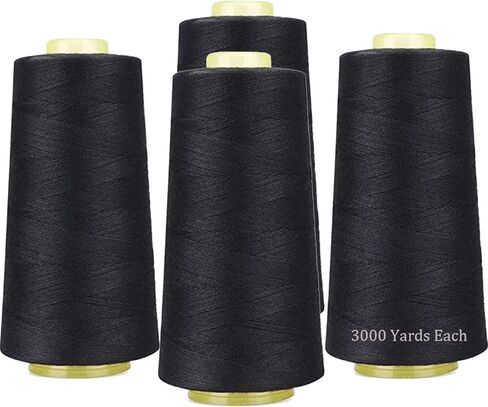 LNKA 4 Pack of 3000 Yard Spools Black Sewing Thread All Purpose 100% Spun Polyester Overlock Cone (Upholstery, Canvas, Drapery, Beading, Quilting) in Kuwait