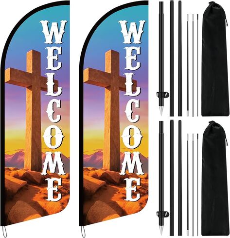 2 Sets 8.2 ft Welcome Church Cross Feather Flag Church Sign with Fiberglass Poles Welcome Banners for Easter Chapel Outdoor Business Store and Events Promotion in Saudi Arabia