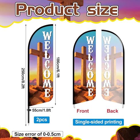 2 Sets 8.2 ft Welcome Church Cross Feather Flag Church Sign with Fiberglass Poles Welcome Banners for Easter Chapel Outdoor Business Store and Events Promotion in Saudi Arabia