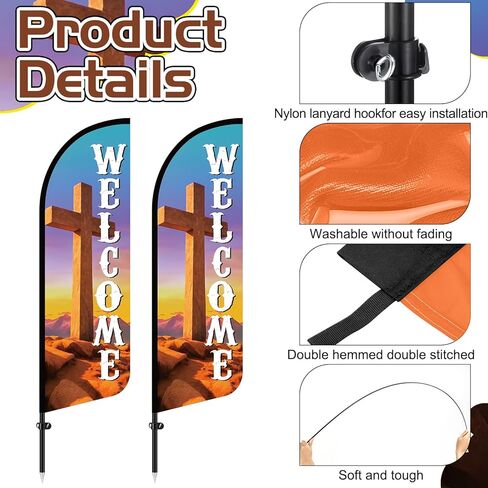2 Sets 8.2 ft Welcome Church Cross Feather Flag Church Sign with Fiberglass Poles Welcome Banners for Easter Chapel Outdoor Business Store and Events Promotion in Saudi Arabia