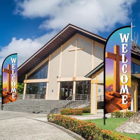 2 Sets 8.2 ft Welcome Church Cross Feather Flag Church Sign with Fiberglass Poles Welcome Banners for Easter Chapel Outdoor Business Store and Events Promotion in Saudi Arabia