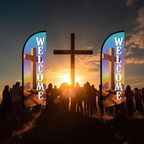 2 Sets 8.2 ft Welcome Church Cross Feather Flag Church Sign with Fiberglass Poles Welcome Banners for Easter Chapel Outdoor Business Store and Events Promotion in Saudi Arabia