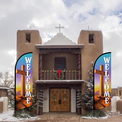 2 Sets 8.2 ft Welcome Church Cross Feather Flag Church Sign with Fiberglass Poles Welcome Banners for Easter Chapel Outdoor Business Store and Events Promotion in Saudi Arabia