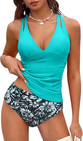 ZAFUL Ruched Tankini المايوه للنساء البطن التحكم قطعتين لباس سباحة انقطاع الخامس الرقبة التعادل الظهر ملابس السباحة in Saudi Arabia