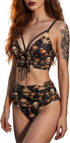 DRESSFO Skulls Mushroom Tankini Swimsuit Women High Waisted Ruched Lace Up Bathing Suits in Saudi Arabia