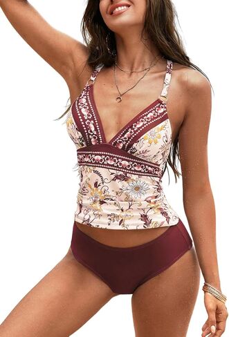 ZAFUL Tankini مجموعات للنساء التحكم في البطن Ruched رفع الخامس الرقبة القمم منتصف الخصر أسفل قطعتين ملابس السباحة الدعاوى in Saudi Arabia