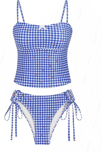 Cherry Print Leopard Tankinis - Women’s Bathing Suit Set with Gingham & Bowknot in Saudi Arabia