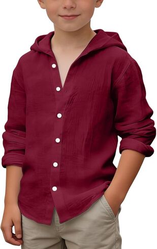 Boys Cotton Linen Shirts Long Sleeve Button Down Hooded Henley Shirts Summer Casual Loose Fit Beach Vacation Tops in Saudi Arabia