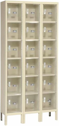 Global Industrial Six Tier 18 Door Clear View Locker, 12" Wx12 Dx12 H, Tan, Assembled in Kuwait