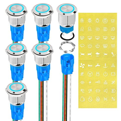 DaierTek مفتاح زر ضغط 12 فولت مفتاح ضغط أزرق LED 12 فولت مفتاح ضغط معدني مقاوم للماء مفتاح تشغيل وإيقاف 16 مم مع ملصق - 5 عبوات in Kuwait