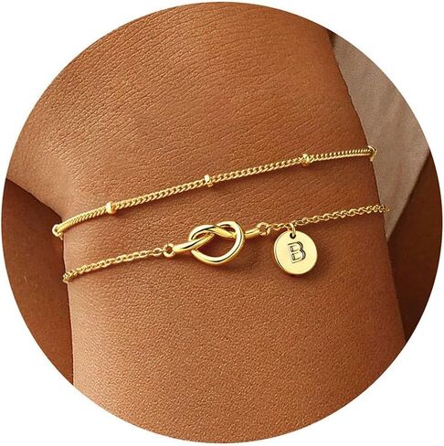 M MOOHAM Easter Gifts for Kids Teen Girls - Initial Bracelet Dainty 14K Gold Plated Knot Heart Disc Letter A-Z Initial Bracelet, Layered Link Charm Bracelets for Women Girls, Womens Jewelry Gifts in Saudi Arabia