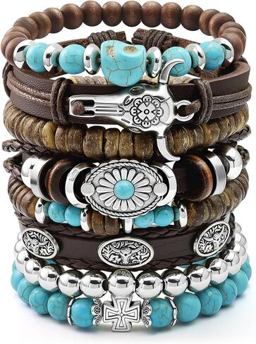 8 Pcs Stack Turquoise Western Bracelets for Women Boho Turquoise Beaded Concho Bangle Ox-Head Charm Cowboy Chic Bracelets Western Jewelry Cowgirl Accessory for Country Concert Outfits in Saudi Arabia