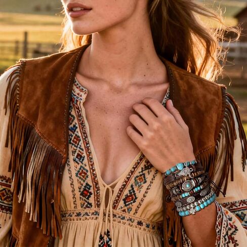 8 Pcs Stack Turquoise Western Bracelets for Women Boho Turquoise Beaded Concho Bangle Ox-Head Charm Cowboy Chic Bracelets Western Jewelry Cowgirl Accessory for Country Concert Outfits in Saudi Arabia