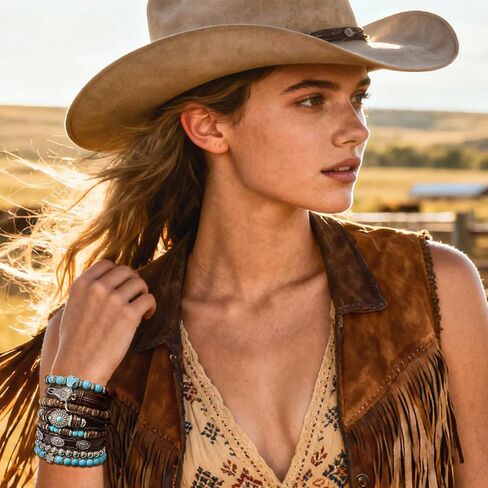 8 Pcs Stack Turquoise Western Bracelets for Women Boho Turquoise Beaded Concho Bangle Ox-Head Charm Cowboy Chic Bracelets Western Jewelry Cowgirl Accessory for Country Concert Outfits in Saudi Arabia