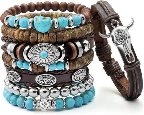 8 Pcs Stack Turquoise Western Bracelets for Women Boho Turquoise Beaded Concho Bangle Ox-Head Charm Cowboy Chic Bracelets Western Jewelry Cowgirl Accessory for Country Concert Outfits in Saudi Arabia