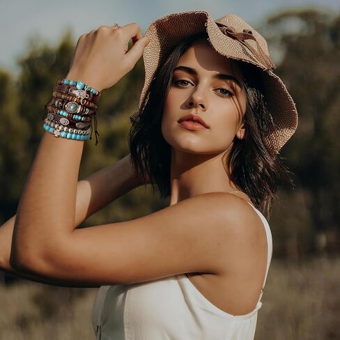 8 Pcs Stack Turquoise Western Bracelets for Women Boho Turquoise Beaded Concho Bangle Ox-Head Charm Cowboy Chic Bracelets Western Jewelry Cowgirl Accessory for Country Concert Outfits in Saudi Arabia