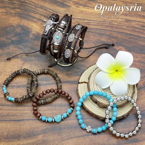 8 Pcs Stack Turquoise Western Bracelets for Women Boho Turquoise Beaded Concho Bangle Ox-Head Charm Cowboy Chic Bracelets Western Jewelry Cowgirl Accessory for Country Concert Outfits in Saudi Arabia