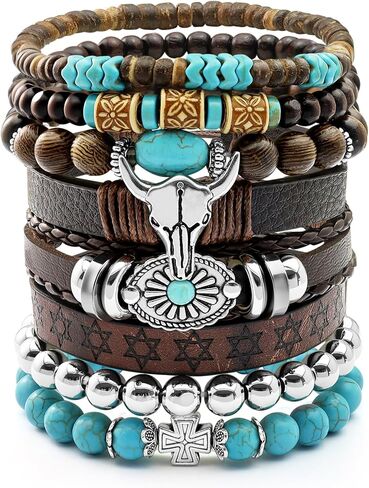 8 Pcs Stack Turquoise Western Bracelets for Women Boho Turquoise Beaded Concho Bangle Ox-Head Charm Cowboy Chic Bracelets Western Jewelry Cowgirl Accessory for Country Concert Outfits in Saudi Arabia