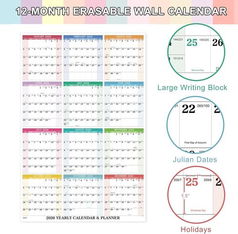 2026 Wall Calendar - Yearly Wall Calendar 2026, January 2026 - December 2026, 34.3" x 22.8" (Open), Vertical, Double-Sided Round Stickers, Blocks and Holidays - Beautiful Layout in Saudi Arabia