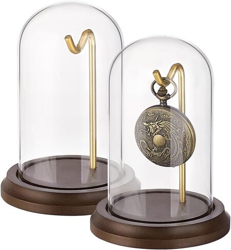 PH PandaHall 2pcs 4x5 inch Pocket Watch Display Dome Cloche with Metal Hook Decorative Watch Display Jar with Wood Base Glass Display Dome Showcase for Pocket Watch Medals Collectibles Photos Ornament in Saudi Arabia