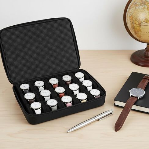 حافظة ساعة فاخرة مكونة من 15 فتحة وحافظات ساعات مميزة للرجال مع وسائد صندوق تخزين صلب للسفر يناسب ساعات تصل إلى 60 ملم in Kuwait